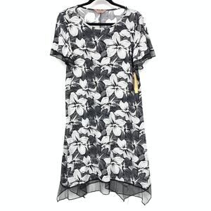 SJS Womens Tunic Dress L Black White Abstract Floral Sharkbite Hem
